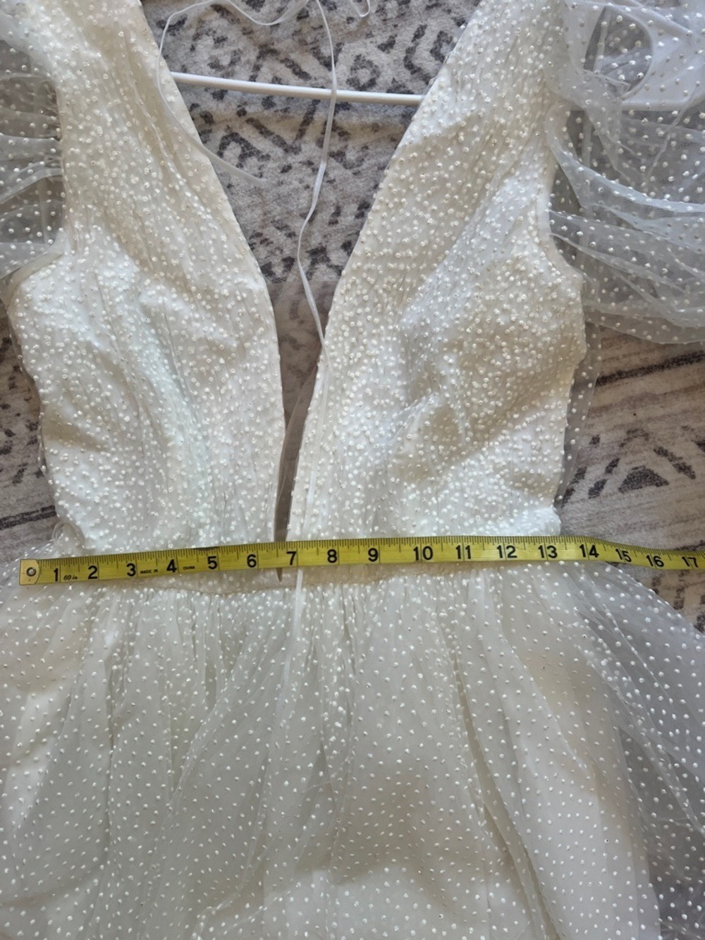 White Puff Sleeve Mini Dress with Swiss Dot Texture - Picture 4 of 8